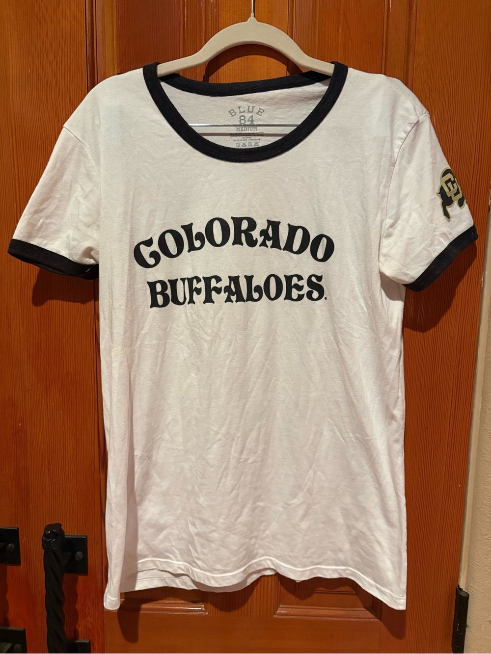 white Blue 84 Colorado Buffaloes vintage style ringer T-shirt